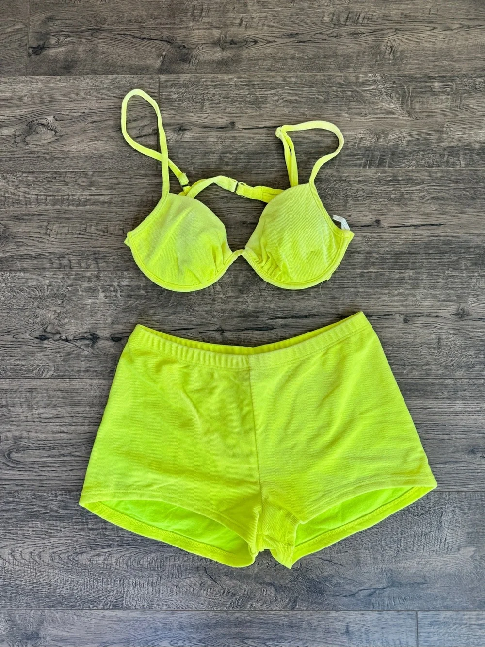 Vintage Neon Yellow Women’s Bikini Top and Swim Shorts Set